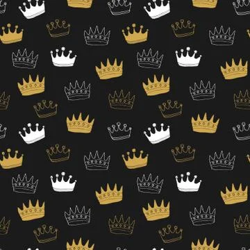 Crown Seamless Pattern, hand drawn royal doodles background, Vector Illustrat 스톡 일러스트