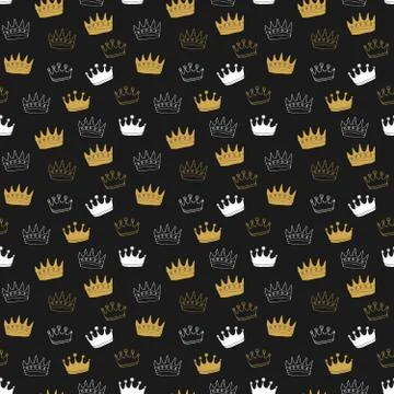 Crown Seamless Pattern, hand drawn royal doodles background, Vector Illustrat Illustrazione stock
