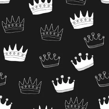 Crown Seamless Pattern, hand drawn royal doodles background, Vector Illustrat Stock Illustration