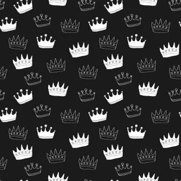 Crown Seamless Pattern, hand drawn royal doodles background, Vector Illustrat Stock Illustration