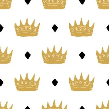 Crown Seamless Pattern, hand drawn royal doodles background, Vector Illustrat 스톡 일러스트