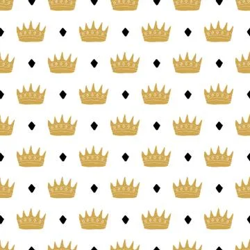 Crown Seamless Pattern, hand drawn royal doodles background, Vector Illustrat Stock Illustration
