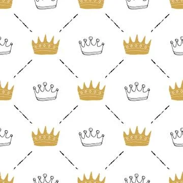 Crown Seamless Pattern, hand drawn royal doodles background, Vector Illustrat 스톡 일러스트