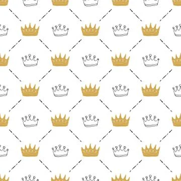Crown Seamless Pattern, hand drawn royal doodles background, Vector Illustrat 스톡 일러스트
