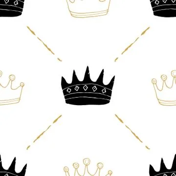 Crown Seamless Pattern, hand drawn royal doodles background, Vector Illustrat Stock Illustration