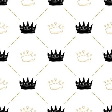 Crown Seamless Pattern, hand drawn royal doodles background, Vector Illustrat Stockillustratie