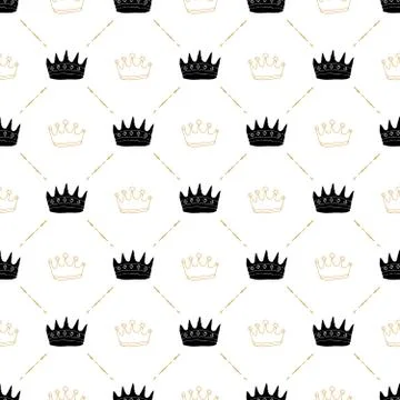 Crown Seamless Pattern, hand drawn royal doodles background, Vector Illustrat Illustrazione stock