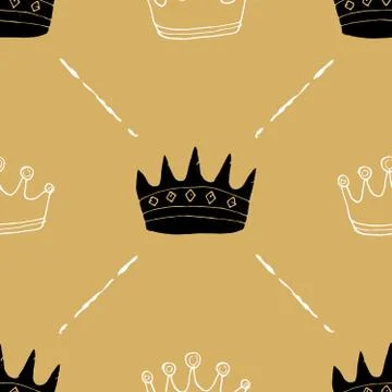 Crown Seamless Pattern, hand drawn royal doodles background, Vector Illustrat 스톡 일러스트