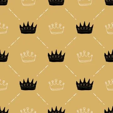 Crown Seamless Pattern, hand drawn royal doodles background, Vector Illustrat 스톡 일러스트