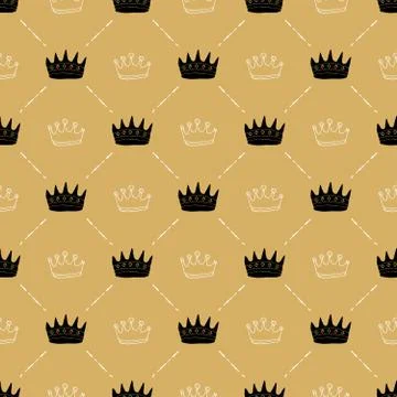 Crown Seamless Pattern, hand drawn royal doodles background, Vector Illustrat 스톡 일러스트