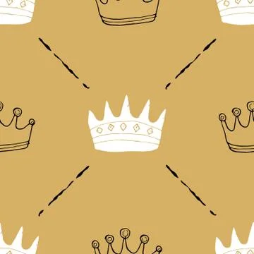 Crown Seamless Pattern, hand drawn royal doodles background, Vector Illustrat 스톡 일러스트