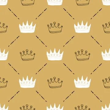 Crown Seamless Pattern, hand drawn royal doodles background, Vector Illustrat 스톡 일러스트