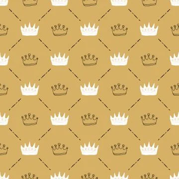 Crown Seamless Pattern, hand drawn royal doodles background, Vector Illustrat 스톡 일러스트
