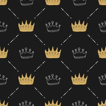 Crown Seamless Pattern, hand drawn royal doodles background, Vector Illustrat 스톡 일러스트