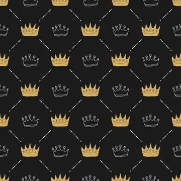 Crown Seamless Pattern, hand drawn royal doodles background, Vector Illustrat Stock Illustration