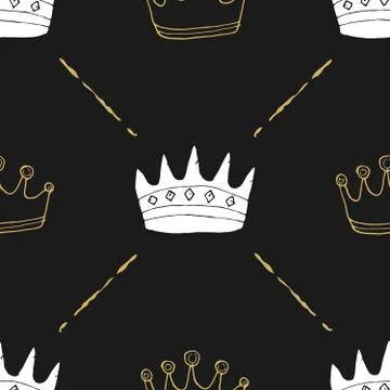 Crown Seamless Pattern, hand drawn royal doodles background, Vector Illustrat Stock Illustration