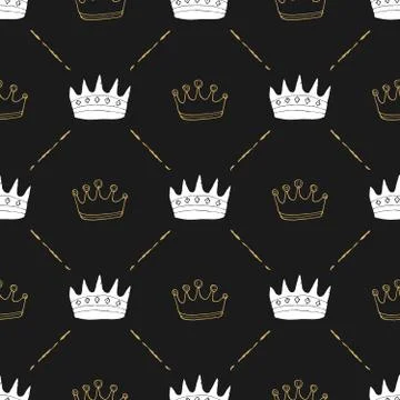 Crown Seamless Pattern, hand drawn royal doodles background, Vector Illustrat Stock Illustration