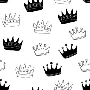 Crown Seamless Pattern, hand drawn royal doodles background, Vector Illustrat Stock Illustration