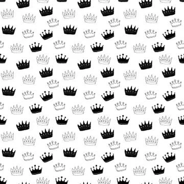 Crown Seamless Pattern, hand drawn royal doodles background, Vector Illustrat Stock Illustration