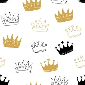 Crown Seamless Pattern, hand drawn royal doodles background, Vector Illustrat Stock Illustration