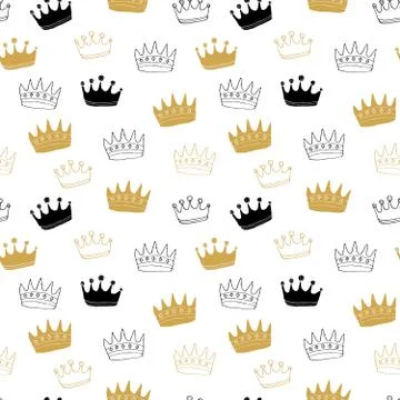 Crown Seamless Pattern, hand drawn royal doodles background, Vector Illustrat 스톡 일러스트