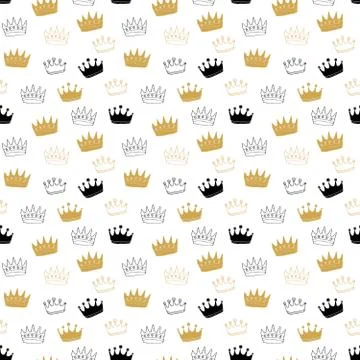 Crown Seamless Pattern, hand drawn royal doodles background, Vector Illustrat 스톡 일러스트