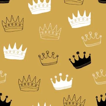 Crown Seamless Pattern, hand drawn royal doodles background, Vector Illustrat Stock Illustration