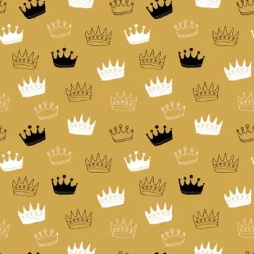 Crown Seamless Pattern, hand drawn royal doodles background, Vector Illustrat Stock Illustration
