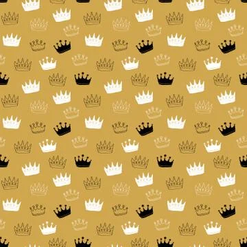 Crown Seamless Pattern, hand drawn royal doodles background, Vector Illustrat Stock Illustration