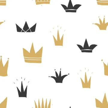 Crown Seamless Pattern, hand drawn royal doodles background, Vector Illustrat Stock Illustration