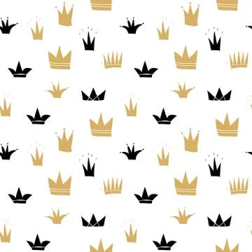 Crown Seamless Pattern, hand drawn royal doodles background, Vector Illustrat Stock Illustration