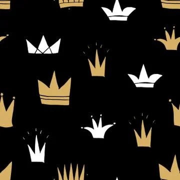 Crown Seamless Pattern, hand drawn royal doodles background, Vector Illustrat Stock Illustration