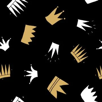 Crown Seamless Pattern, hand drawn royal doodles background, Vector Illustrat Stock Illustration