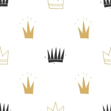 Crown Seamless Pattern, hand drawn royal doodles background, Vector Illustrat Stock Illustration