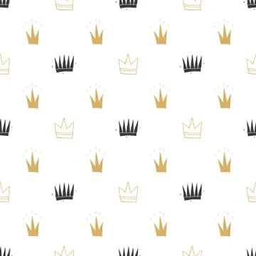 Crown Seamless Pattern, hand drawn royal doodles background, Vector Illustrat Stock Illustration