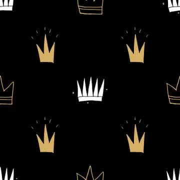 Crown Seamless Pattern, hand drawn royal doodles background, Vector Illustrat Stock Illustration