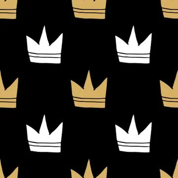 Crown Seamless Pattern, hand drawn royal doodles background, Vector Illustrat Illustrazione stock