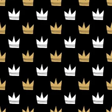 Crown Seamless Pattern, hand drawn royal doodles background, Vector Illustrat Stock Illustration