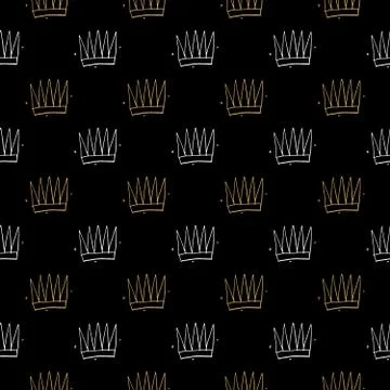 Crown Seamless Pattern, hand drawn royal doodles background, Vector Illustrat Illustrazione stock