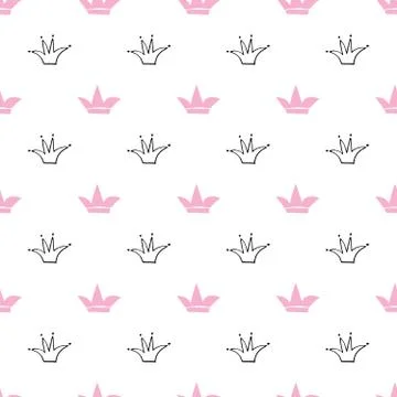 Crown Seamless Pattern, hand drawn royal doodles background, Vector Illustrat Stock Illustration