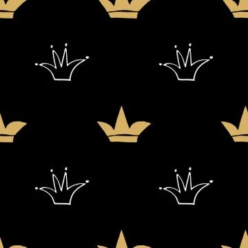Crown Seamless Pattern, hand drawn royal doodles background, Vector Illustrat 스톡 일러스트
