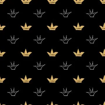 Crown Seamless Pattern, hand drawn royal doodles background, Vector Illustrat Stock Illustration