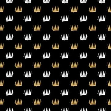 Crown Seamless Pattern, hand drawn royal doodles background, Vector Illustrat Stock Illustration
