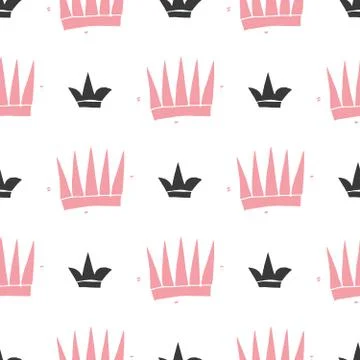 Crown Seamless Pattern, hand drawn royal doodles background, Vector Illustrat 스톡 일러스트