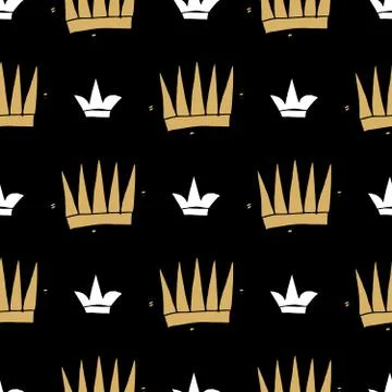 Crown Seamless Pattern, hand drawn royal doodles background, Vector Illustrat Illustrazione stock
