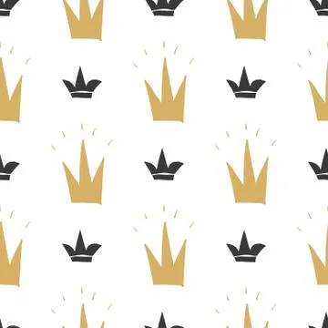 Crown Seamless Pattern, hand drawn royal doodles background, Vector Illustrat Stock Illustration
