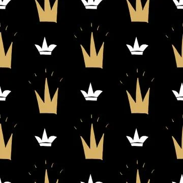 Crown Seamless Pattern, hand drawn royal doodles background, Vector Illustrat Stock Illustration
