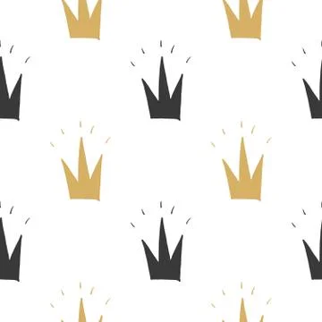 Crown Seamless Pattern, hand drawn royal doodles background, Vector Illustrat Stock Illustration