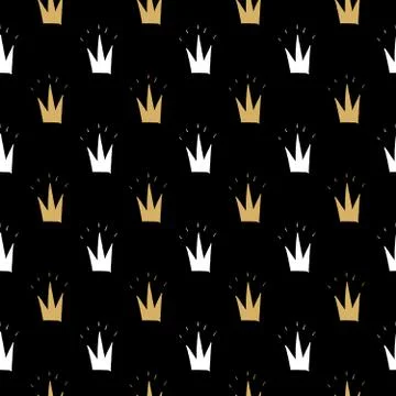 Crown Seamless Pattern, hand drawn royal doodles background, Vector Illustrat 스톡 일러스트