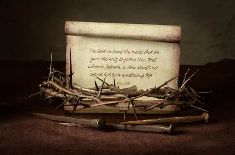 Crown of Thorns and Nails With Scripture Stock Photos